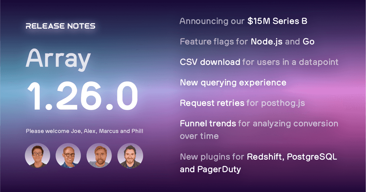 PostHog 1.26.0 is here! Read about our Series B raise, our new features, and find out who are the 4 new team members we've onboarded.